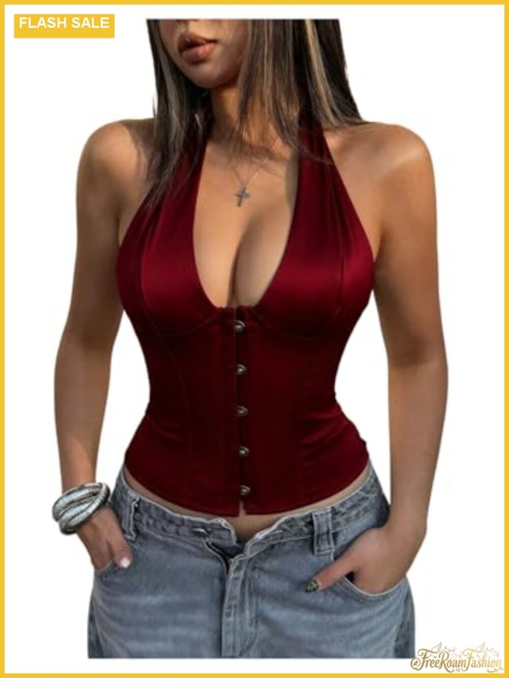 Lace Up Satin Corset Bustier Halter Tie Back Crop Top